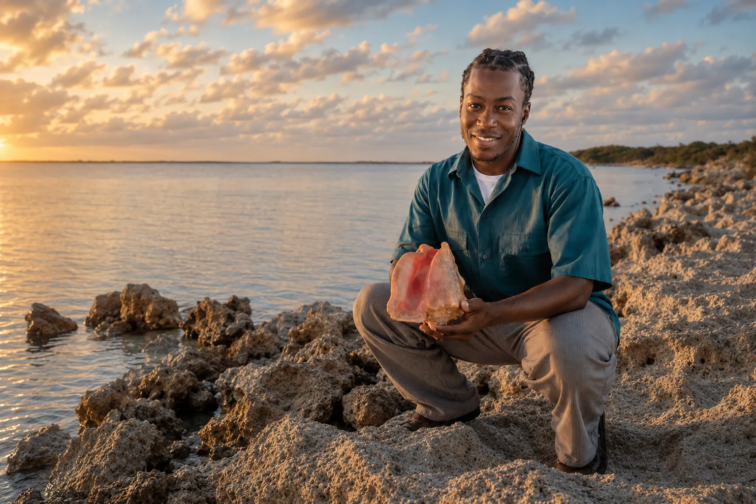 Hands preparing fresh Bahamian conch at the counter