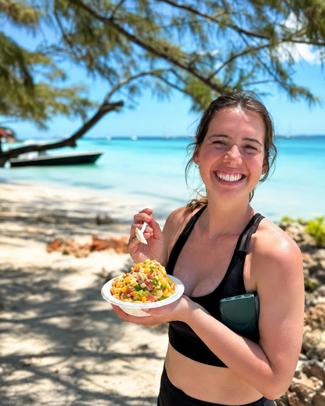 Smiling guest with a conch salad bowl on the beach