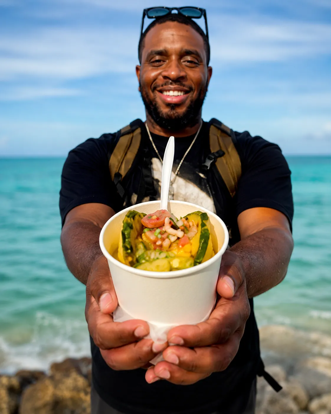 Guest holding a tropical conch salad by the ocean