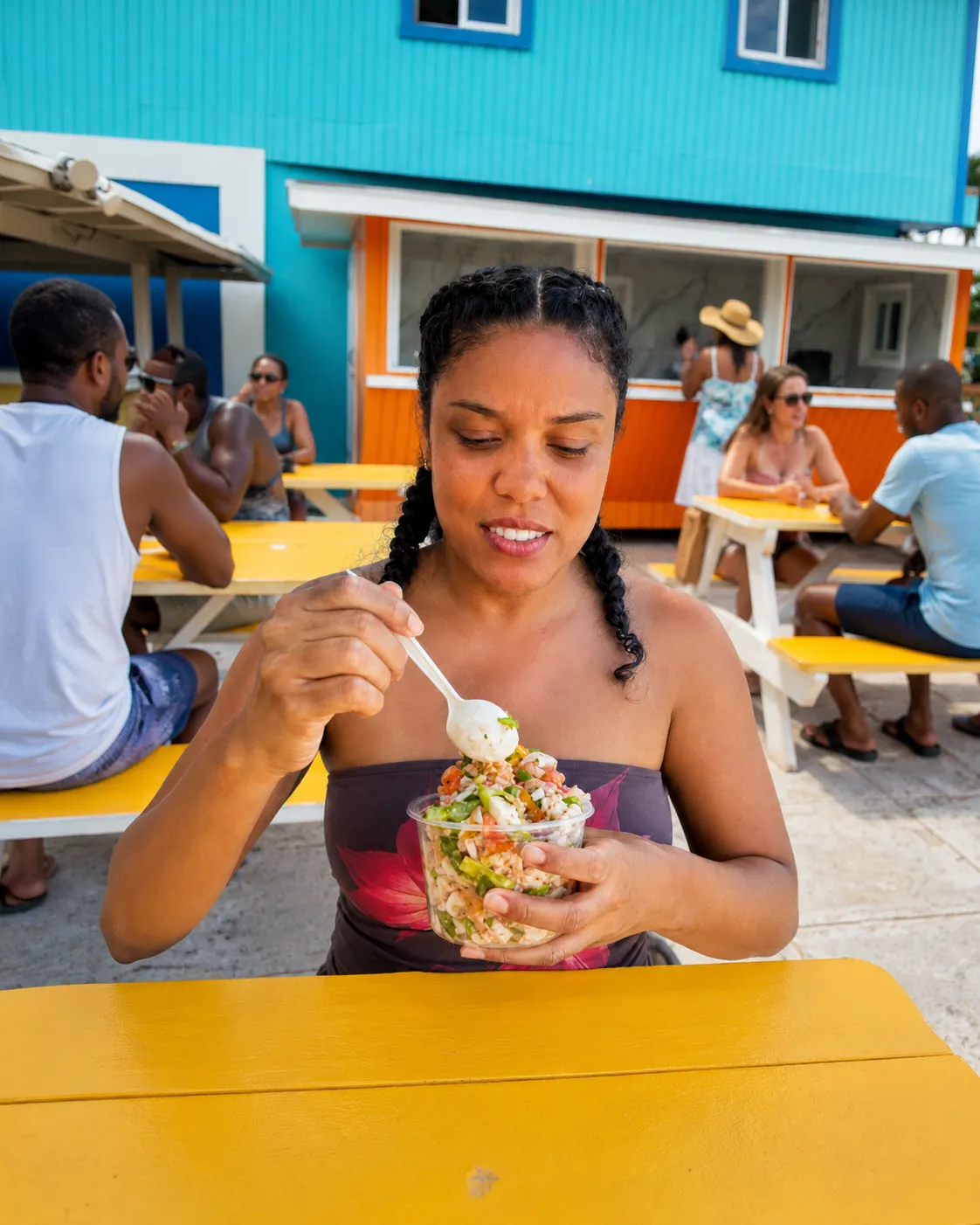 Guest enjoying a fresh conch salad at the Willy D window